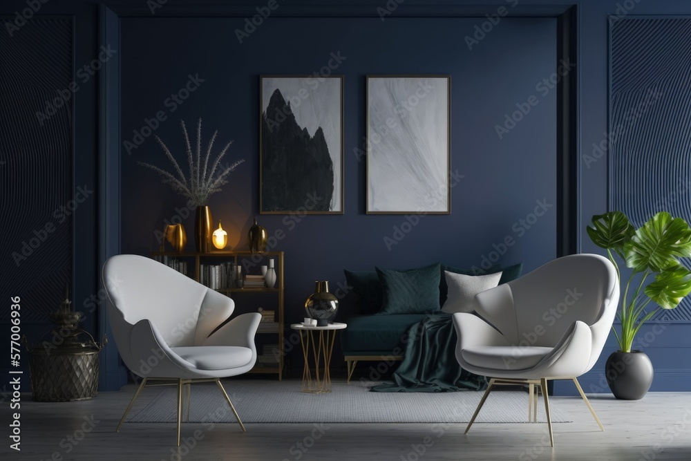 Poster Armchairs in a contemporary living area with white floors and a dark blue accent wall. an empty room,. Generative AI