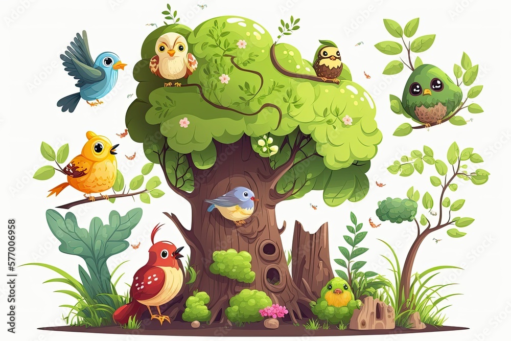 Poster forest and birds in a children's cartoon depiction of nature. generative ai