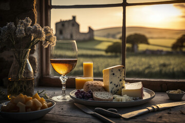 Savoring the Tastes of French Cheese Country, rustic table pairing Fine Wines with Delicious French Cheeses: A Gourmet Experience, AI Generative