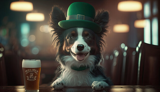 Dog wearing St. Patricks hat drinking a cold beer pint at a pub bar. Generative AI.