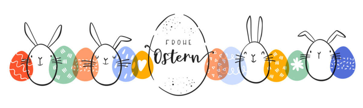 Lovely hand drawn easter designs with text in german "Happy Easter" cute hand drawn bunnies, eggs and decoration - vector design