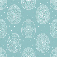 Hand drawn seamless pattern of Easter eggs with patterns, mandala, flowers, leaves on a blue background. Ornate outline illustration at Easter greeting card, wallpaper, wrapping paper, textile, fabric