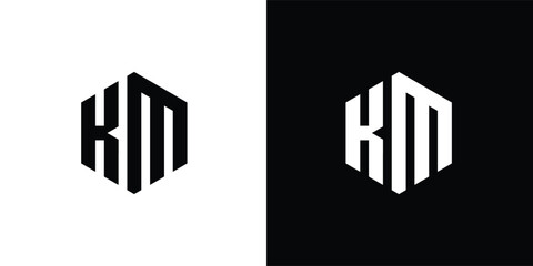 Letter K M Polygon, Hexagonal Minimal Logo Design On Black And White Background
