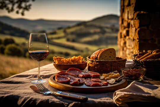 Farm to Table: The Artisanal Production of Spanish Embutidos in Picturesque Countryside, Tradition of Charcuterie, Enchidos, Cured Meats and wine - Rural Landscapes AI Generative
