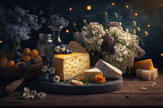 cheese and flowers. Generative AI image.	
