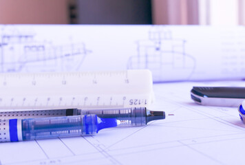 Blue and black Needle Rollerball Pens Fine Point on architectural drawings