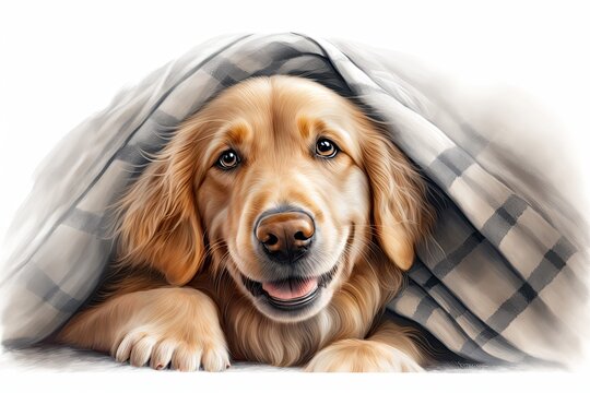A young golden retriever dog smiling and resting on a light gray plaid. In the midst of a cold winter, a pet snuggles up under a blanket. Concept of pet friendliness and care. Generative AI