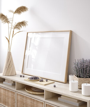 Mockup frame in Scandinavian living room interior, 3d render