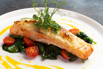 Salmon steak with cheese crust and salad with tomatoes in a plate.