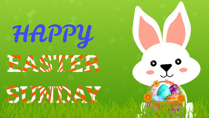 cute rabbit holding egg basket and happy Easter Sunday