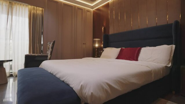 Luxury Room With Elegant Bed Linens And Interior In A Hotel. Zoom Out
