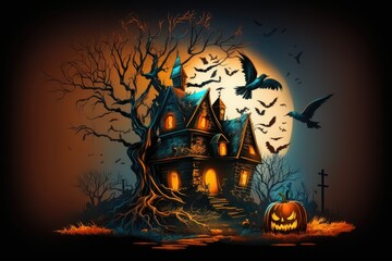 Halloween party concept with a spooky house, crows, and a pumpkin lit up at night as a backdrop. Generative AI