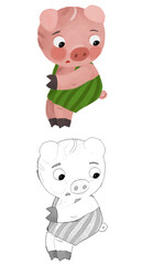 cartoon scene with farmer funnt pig rancher isolated illustration for children sketch