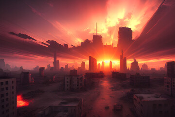 Fototapeta premium AI Digital Illustration Post Apocalyptic Cityscape Sunset