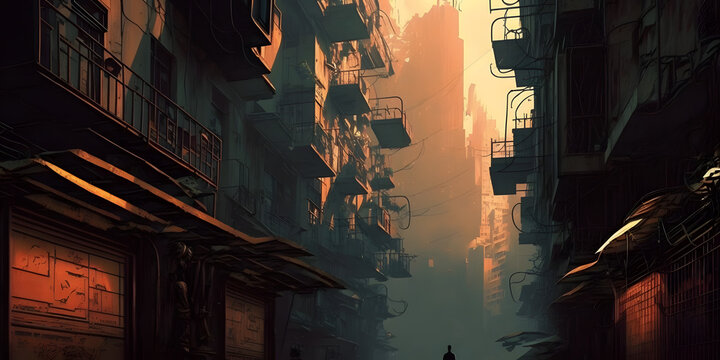 Kowloon walled city, balconies and skyscrapers in the distance, generative AI