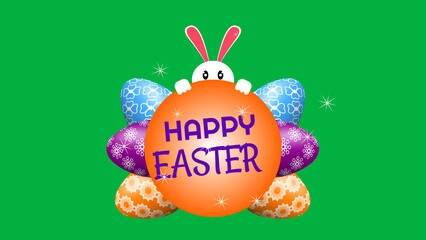 happy Easter word sticker on green screen with decorative eggs