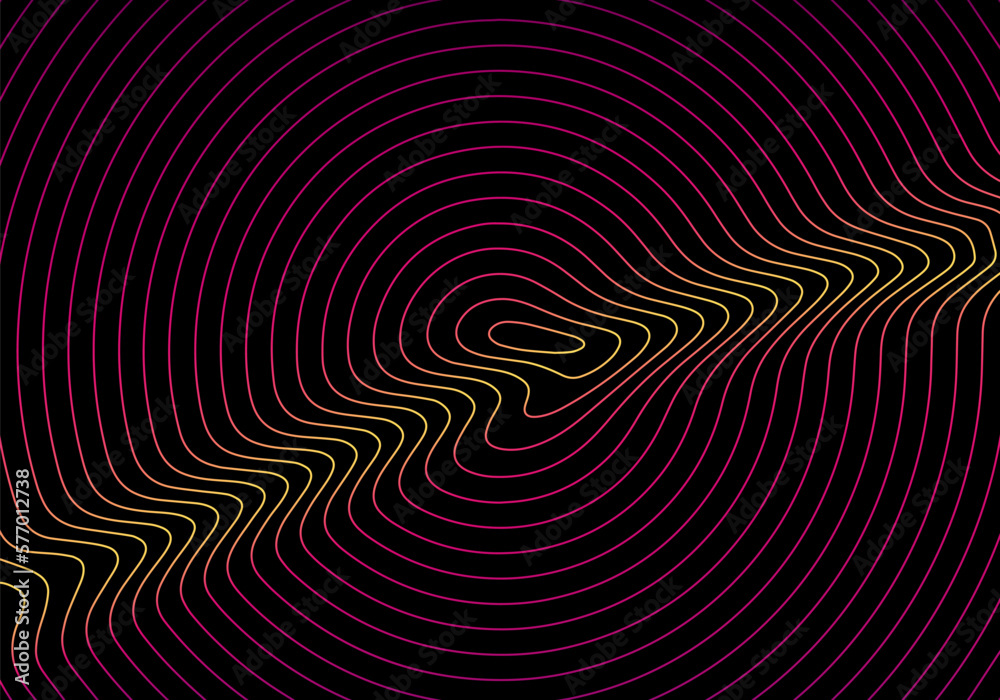 Poster Pattern with Abstract Gradient Lines Optical Illusion on Dark Background. Circle Stripes Background with Ripple Effect. Vector Ripple Illustration