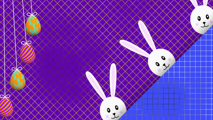 Swinging eggs and cute bunny face on pattern background.