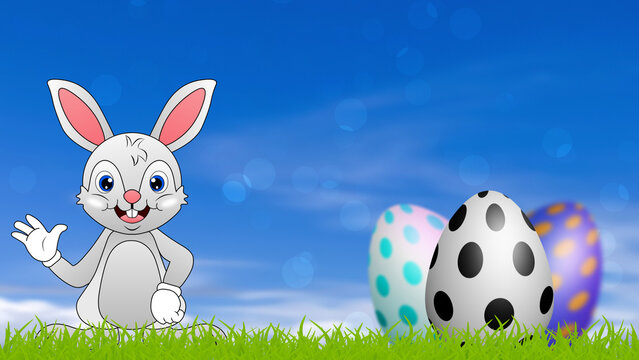 bunny cartoon stand on blue background with smile face