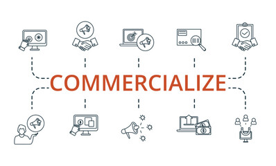 Commercialize set icon. Editable icons commercialize theme such as niche marketing, referred customers, withdrawal and more.
