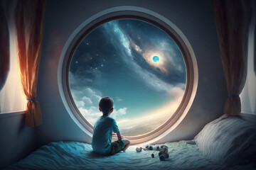Cosmic Comfort: Finding Serenity in the Beauty of the Galaxy Planet Sky from Bed. Generative AI