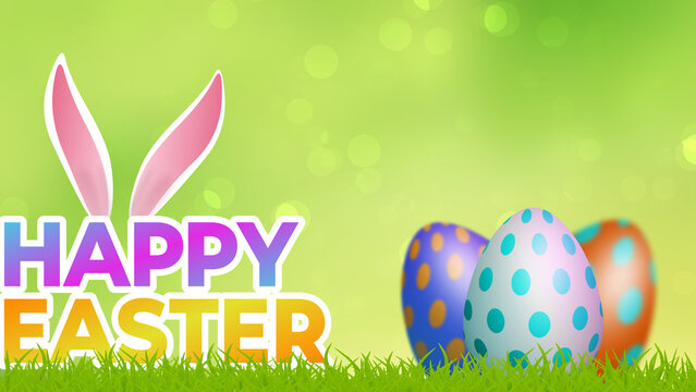 beautiful Easter greeting image with decorated eggs isolated on green blur background