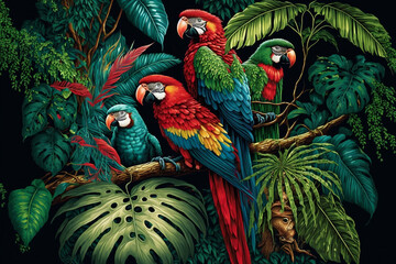 Fototapeta premium a tropical rainforest with parrots. Generative AI.