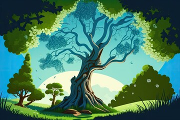 Fototapeta premium Image depicting a scene from a children's fairy tale set in a wooded forest. Big tree with lots of branches, clear blue sky, bright sunshine, a sprig of grass, the summertime. Scenery in the great out