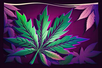 Marijuana Cannabis Leaf History Context. The leaves of the medical marijuana plant are stunning. Light up banner featuring a large purple cannabis leaf. Hemp fabric with bright colors. Generative AI