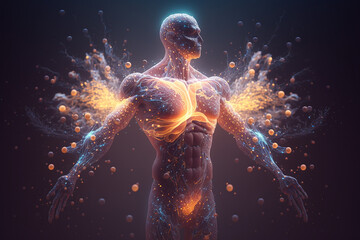 Particles circulating through human body. Scientific concept, scientific experiments. AI generated image