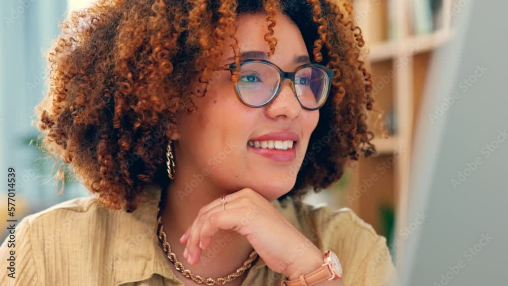Aufkleber black woman, face and computer, reading and smile, copywriter or editor working from home and editin