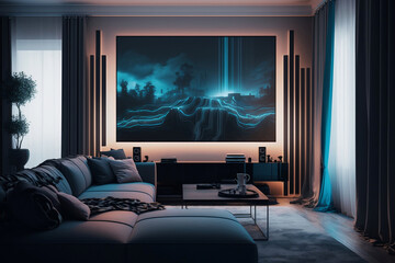 Home Theater Luxury: A Big TV in an Elegant Living Room. Generative AI