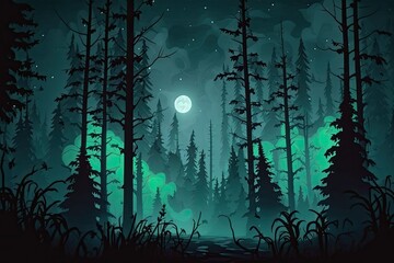 Negatively lit forest. Camouflaged by the trees at night. Forest in the nighttime light of the moon. Smog, smoke, and fog blanket the forest at night. Generative AI