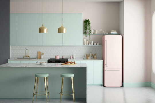 Trendy and Playful Pastel Color Kitchen: A Fun and Vibrant Culinary Haven. Generative AI