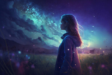 Cosmic Dreams: A Girl is Mesmerized by the Beauty of the Galaxy Nebula Sky. Generative AI