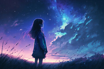 Fototapeta na wymiar Cosmic Dreams: A Girl is Mesmerized by the Beauty of the Galaxy Nebula Sky. Generative AI