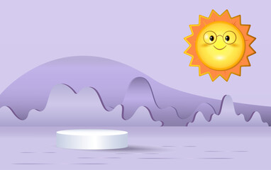 Podium, winter seascape, carpet. Empty space for copying. 3d vector image.
