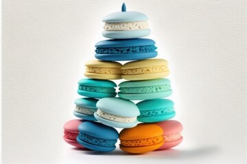 French macarons stacked in a pyramid of bright colors, against a white background. Generative AI