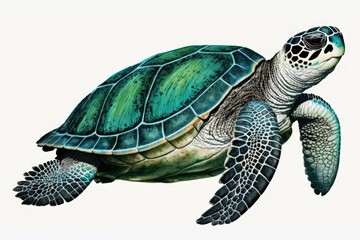 Illustration of a single green sea turtle on a white backdrop. Generative AI