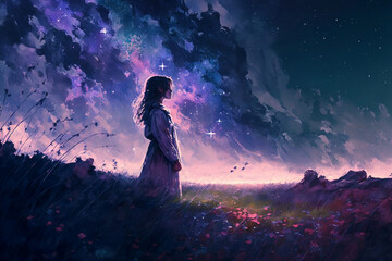 Obraz premium Stargazing Wonder: A Girl Marvels at the Beauty of the Galaxy Nebula Sky, Generative AI