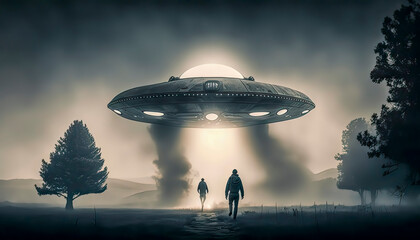 Fototapeta na wymiar Close Encounter of the Sinister Kind: UFO Searches for Victims at Night