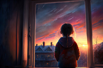 Fototapeta premium the child sees the sunset, generative ai