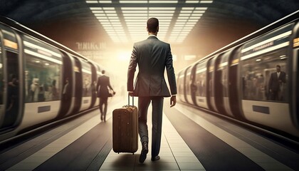 View from the back of a successful male businessman with a suitcase walking along the station platform in the subway. AI Generated