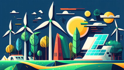 Solar panels, house and wind turbines that use green energy. Flat style. Generative AI. Green energy concept.