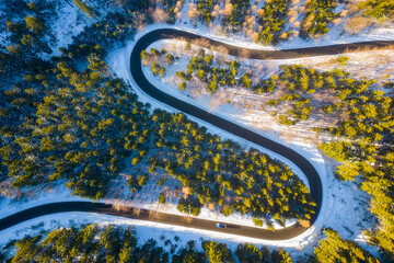 Asphalt road serpentine in snowy wintertime. Cold winter and sunny day above forest road with illuminated trees by rising sun. Aerial view from drone.