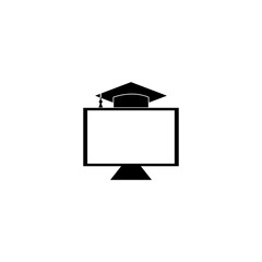 Online learning line icon. Computer monitor with student cap linear style sign for mobile concept and web design.