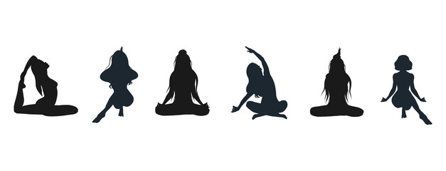 Silhouettes, shadows of girls in different yoga poses. Vector