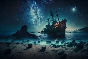 shipwreck in ocean night created using AI Generative Technology