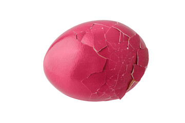 Broken painted in viva magenta natural easter chicken egg with shadow isolated on white background.