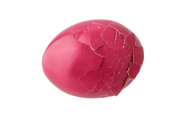 Broken painted in viva magenta natural easter chicken egg with shadow isolated on white background.